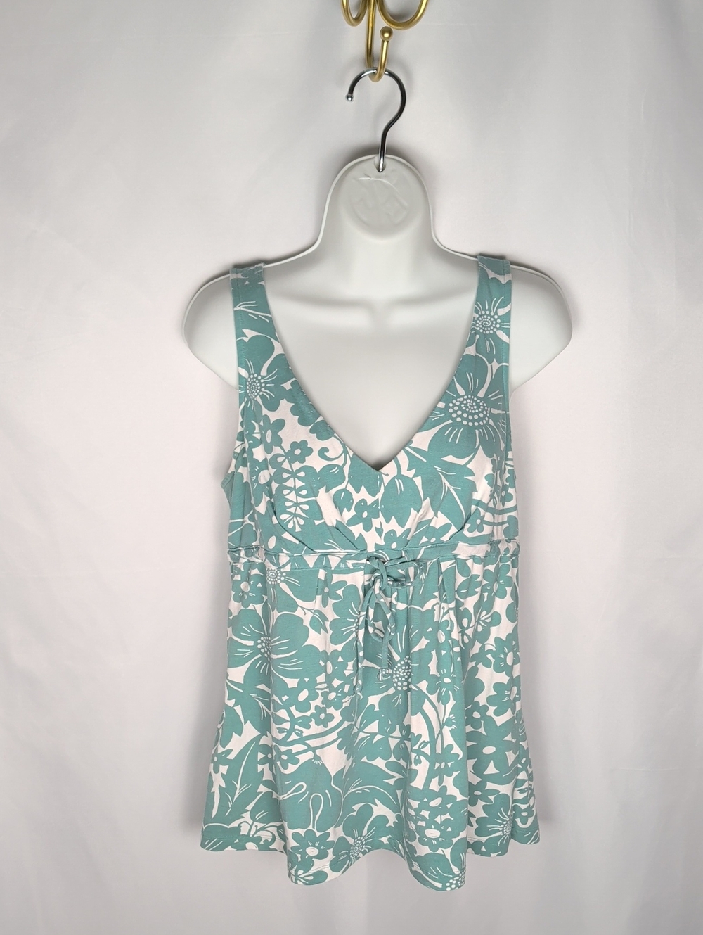 Tommy Bahama Green Floral Tank Top V-Neck Empire Tie Waist Size M